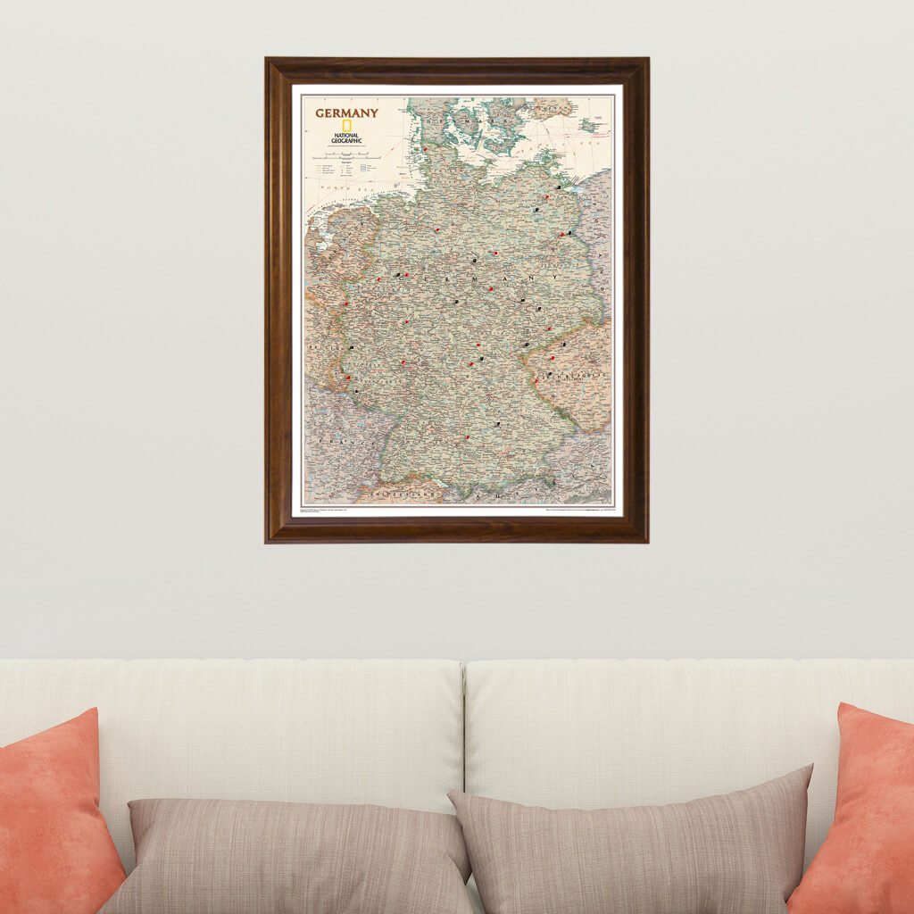 Executive Germany Push Pin Travel Map in Brown Frame