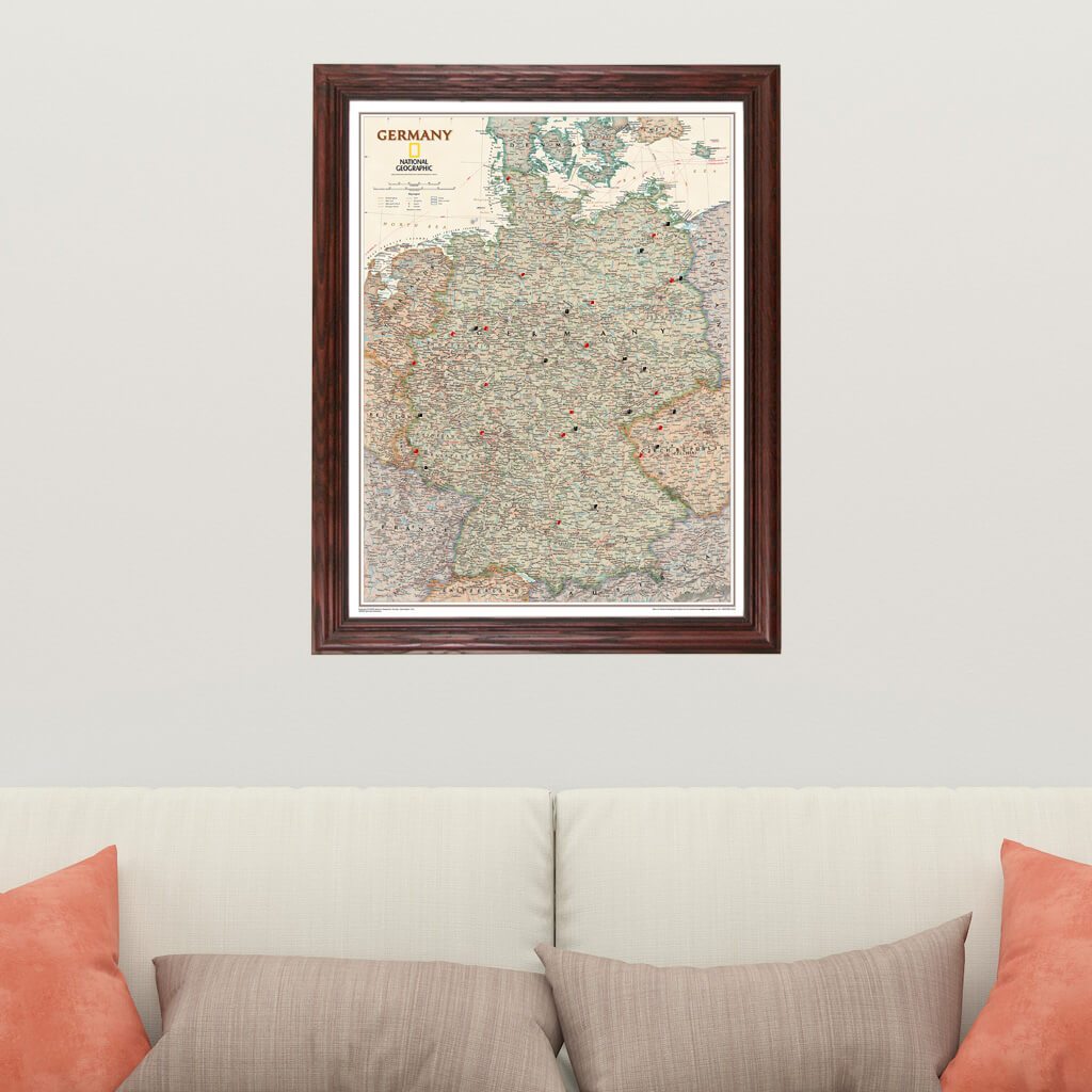 Executive Germany Push Pin Travel Map in Solid Wood Cherry Frame