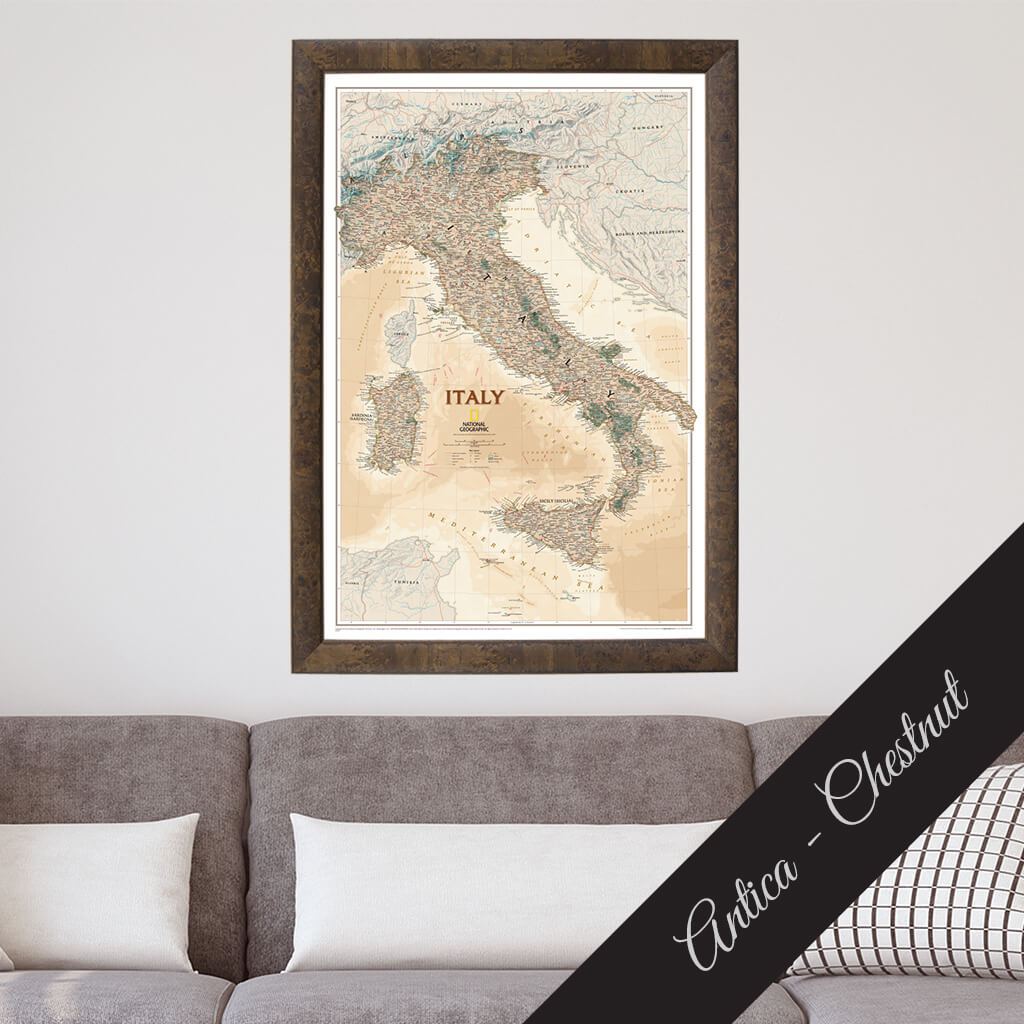 Canvas Executive Italy Travel Map in Antica Chestnut Frame