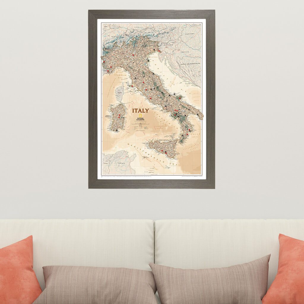Canvas Executive Italy Travel Map in Barnwood Gray Frame
