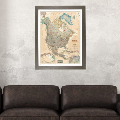 Executive North America Push Pin Travel Map in Barnwood Gray Frame