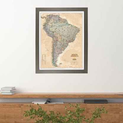 Executive South America Push Pin Travel Map in Barnwood Gray Frame