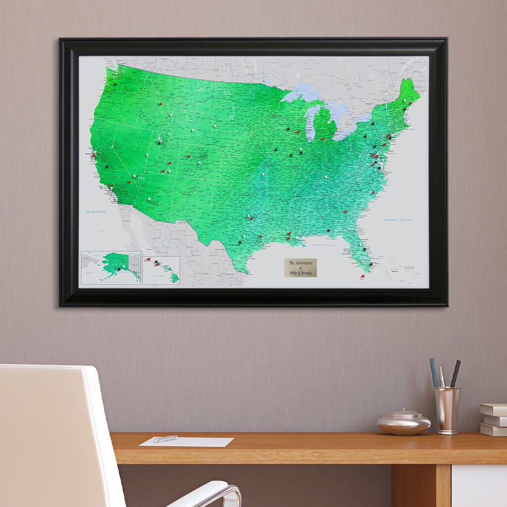 Enchanting Emerald Watercolor USA Push Pin Travel Map with Pins