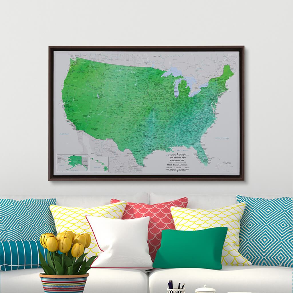 Brown Float Frame - 24x36 Gallery Wrapped Canvas Enchanting Emerald Watercolor USA Map