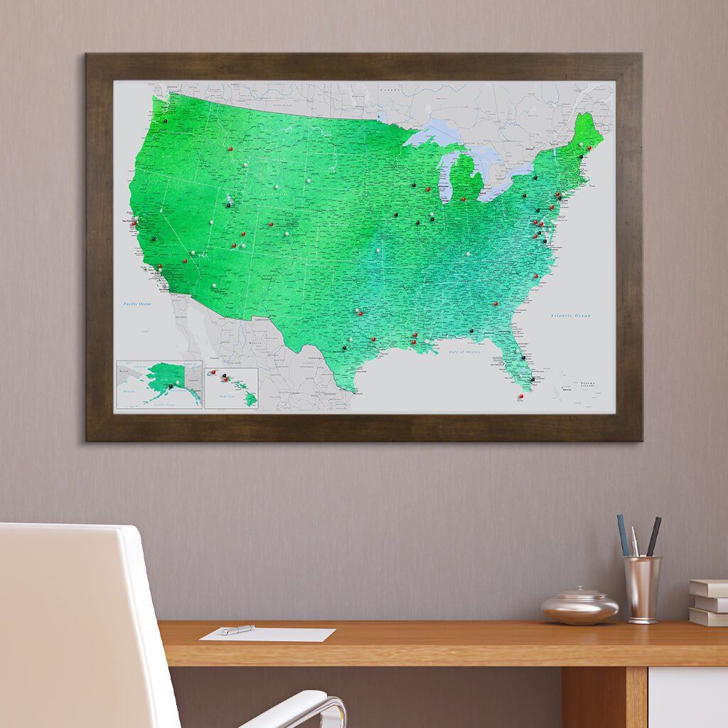 Enchanting Emerald Watercolor USA Push Pin Map Rustic Brown Frame