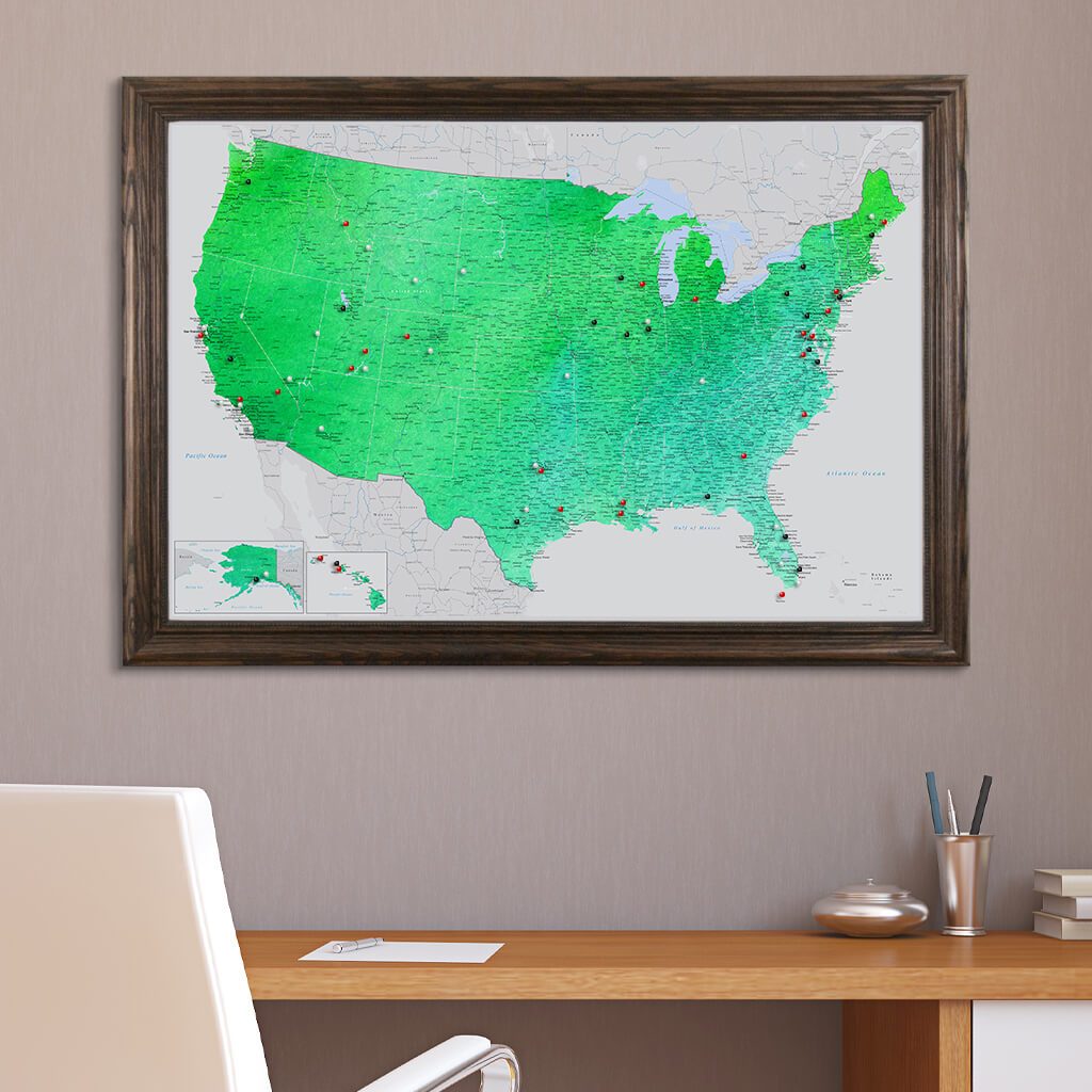 Enchanting Emerald Watercolor USA Push Pin Travel Map Solid Wood Brown Frame