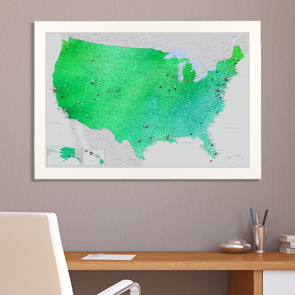 Enchanting Emerald Watercolor USA Push Pin Travel Map in Textured White Frame