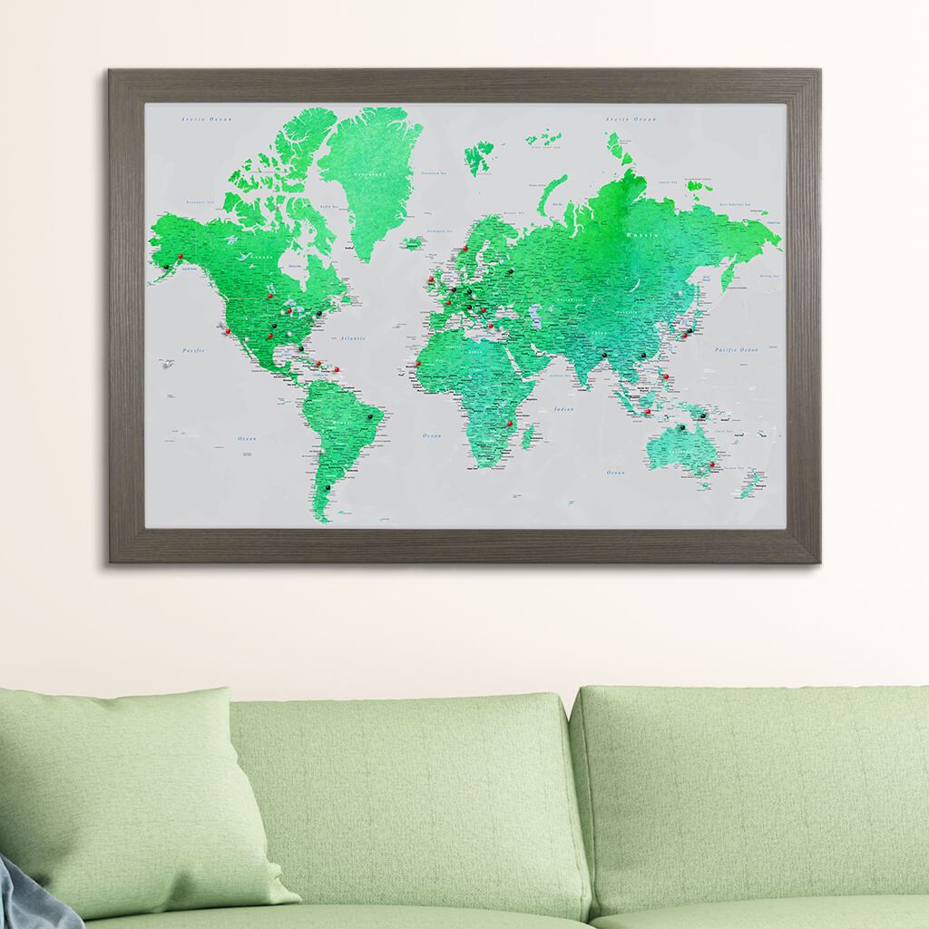Enchanting Emerald World Travelers Map in Barnwood Gray Frame