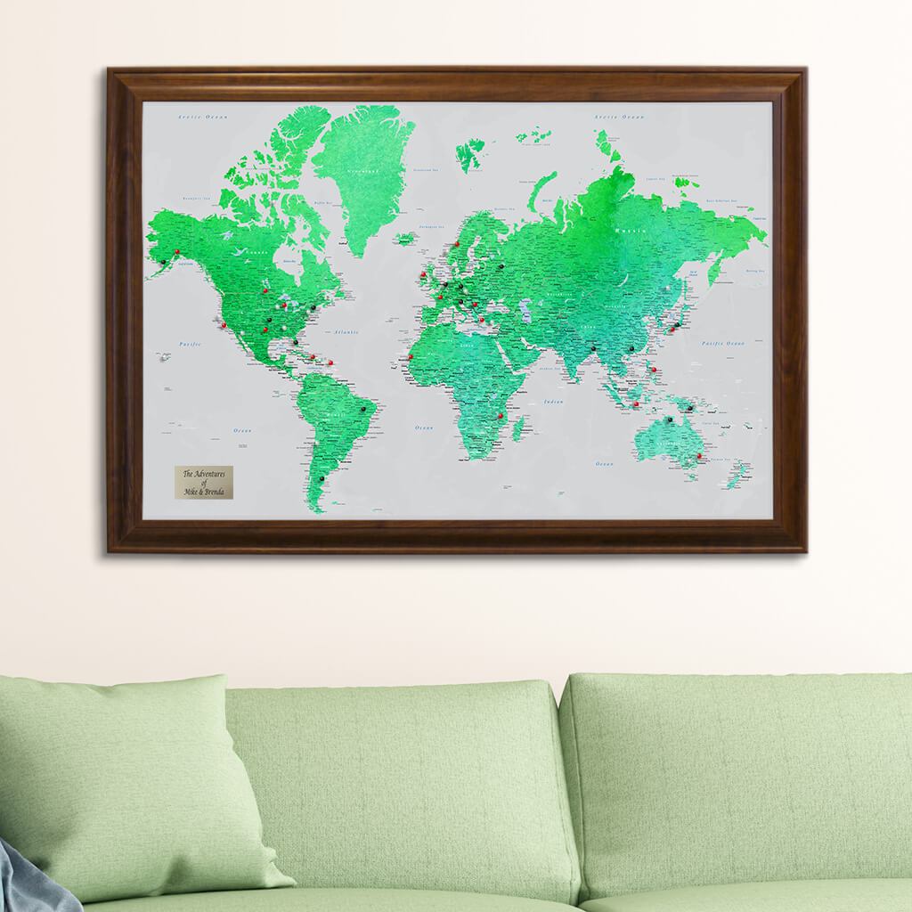 Enchanting Emerald Watercolor World Pinboard Travel Map in Brown Frame