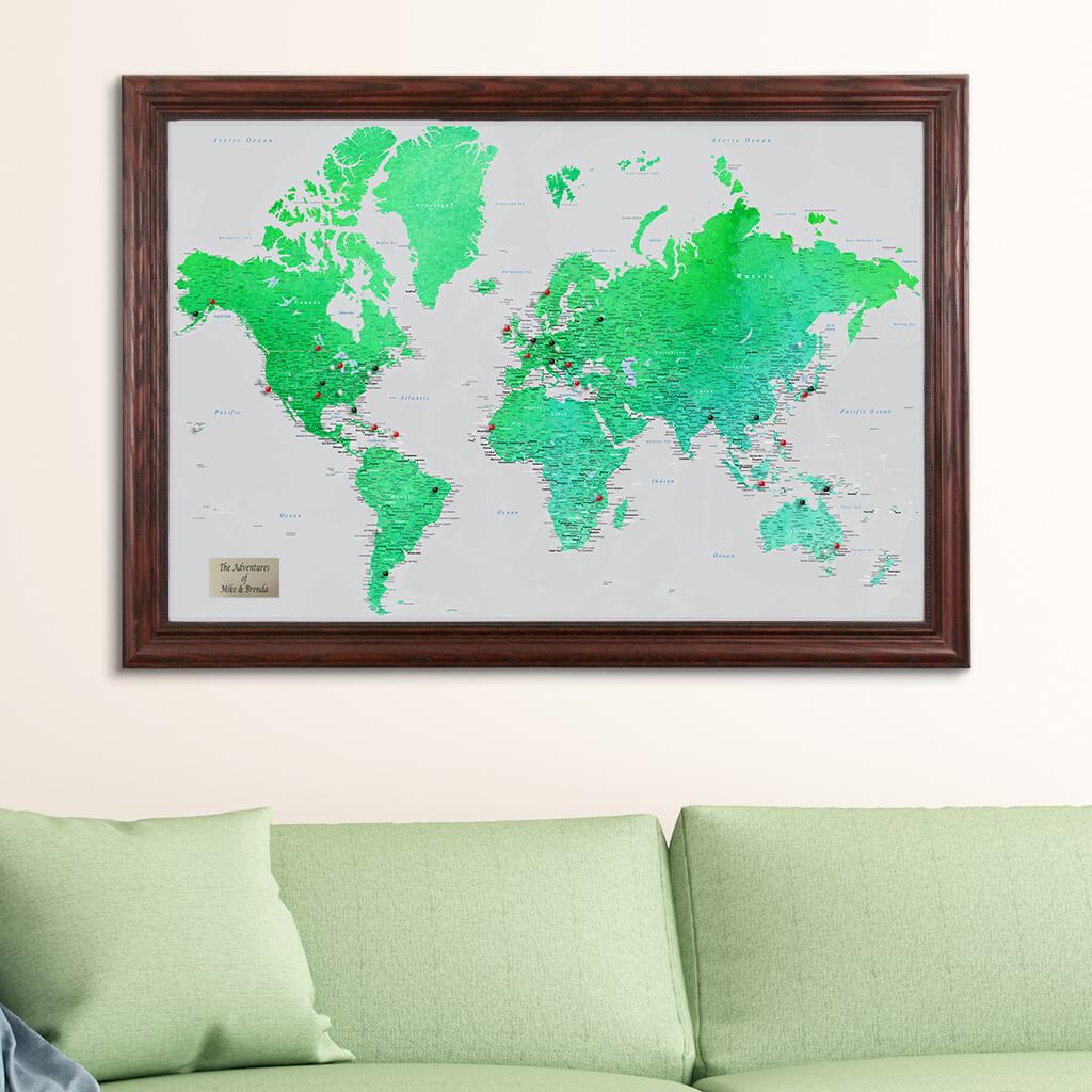 Enchanting Emerald World Push Pin Map in Solid Wood Cherry Frame