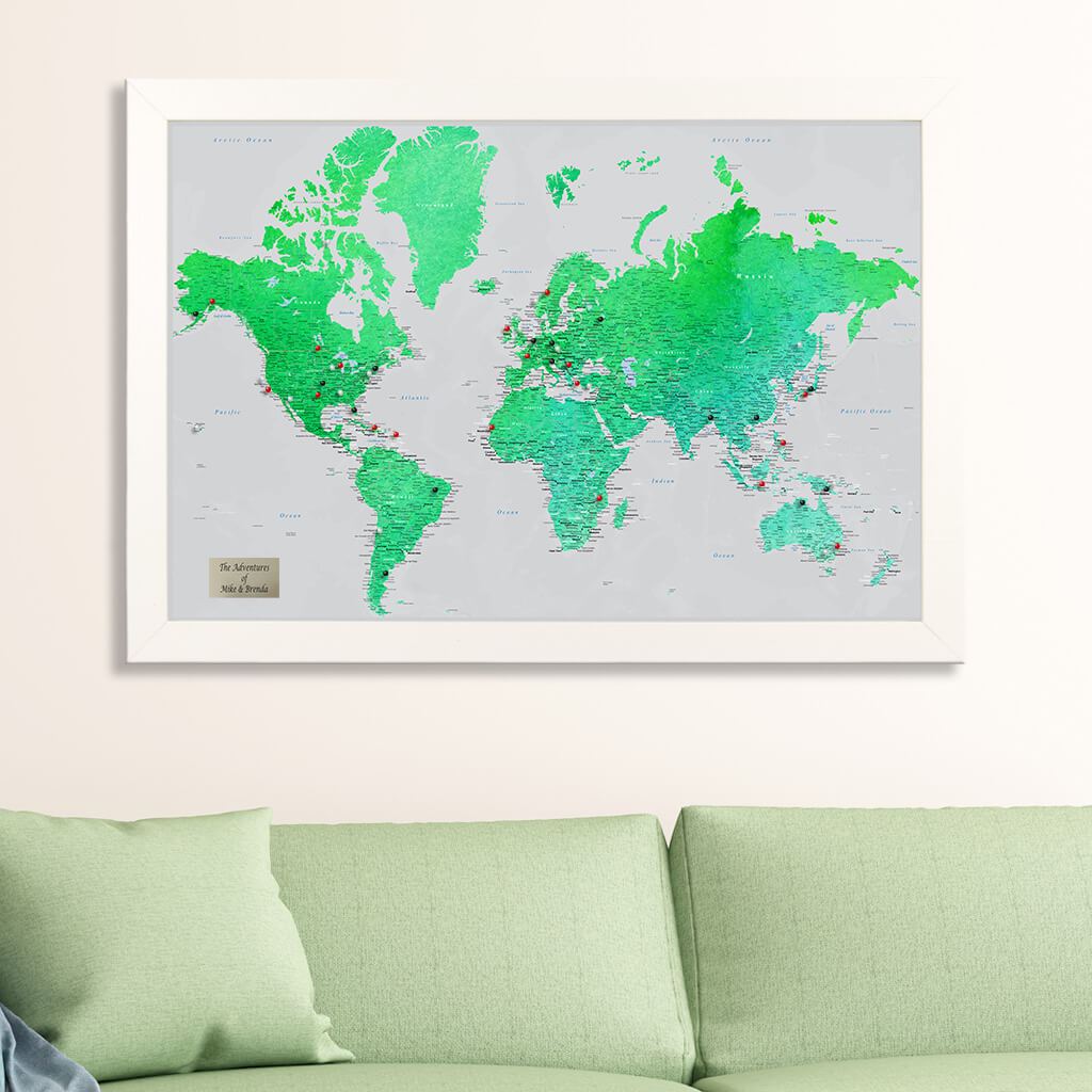 Enchanting Emerald World Travel Pin Map in Textured White Frame