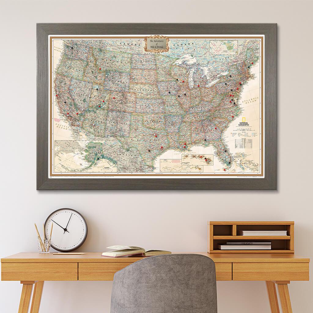 Executive USA Pin Map in Barnwood Gray Frame