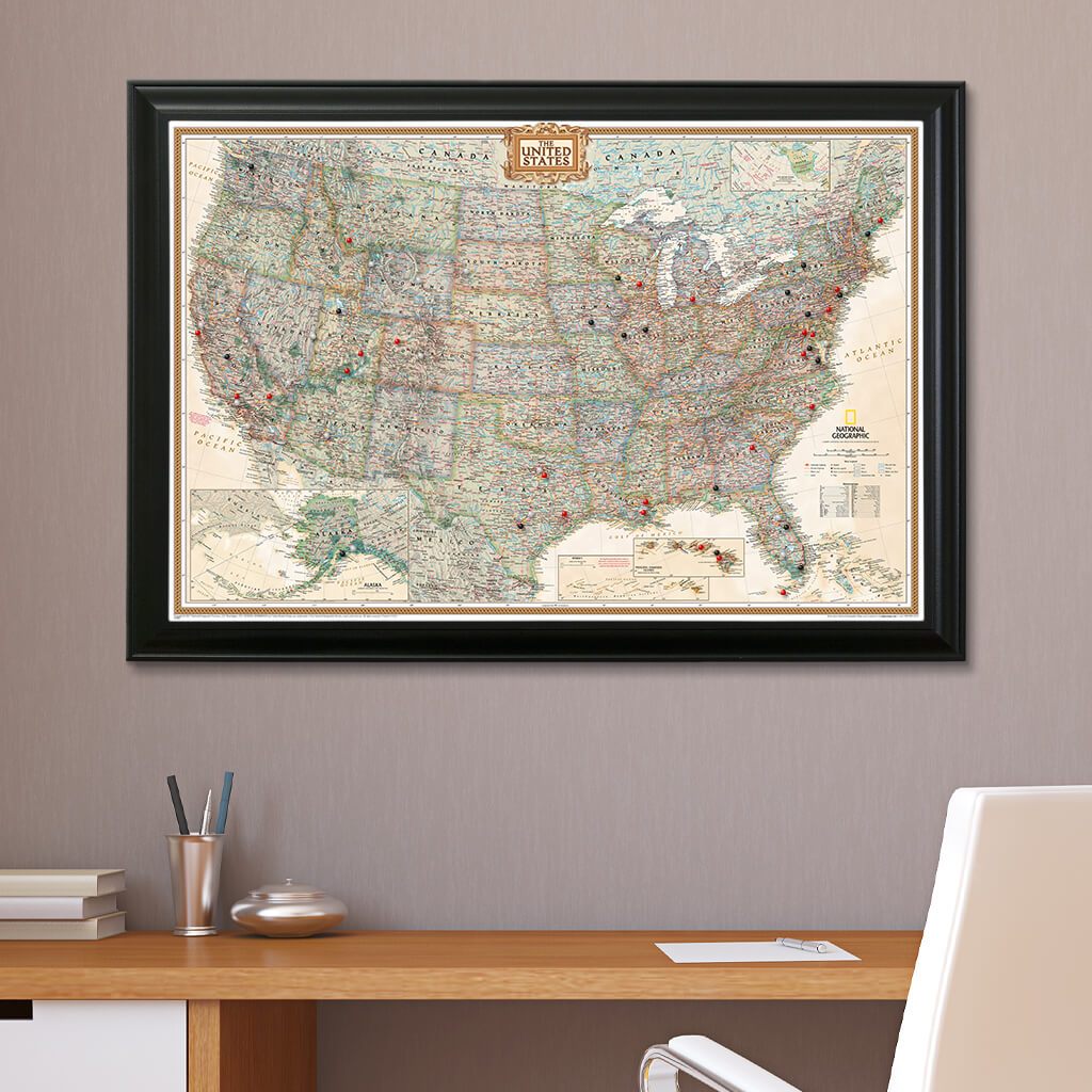 Canvas Executive USA Push Pin Travel Map in Black Frame