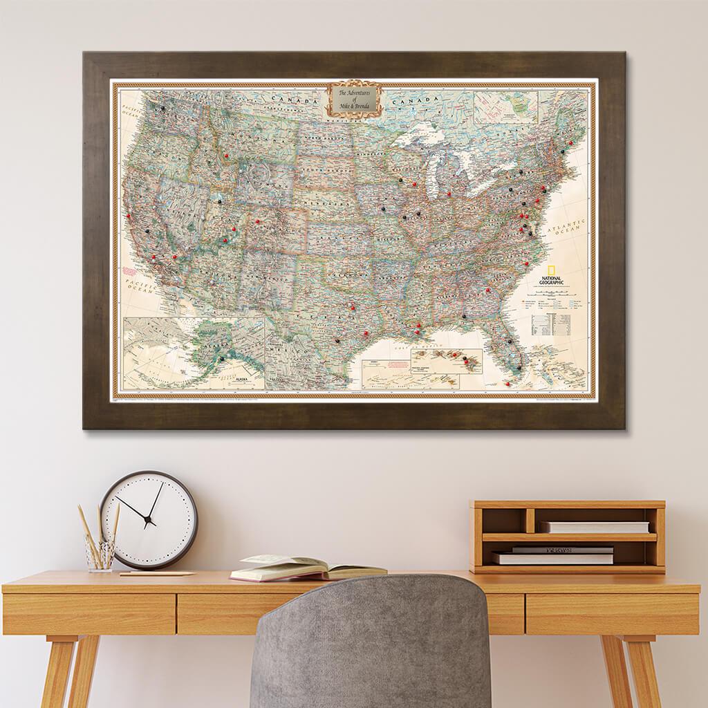 Executive USA Pin Map in Rustic Brown Frame