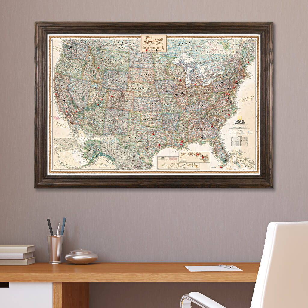 Canvas Executive USA Push Pin Travel Map in Solid Wood Brown Frame