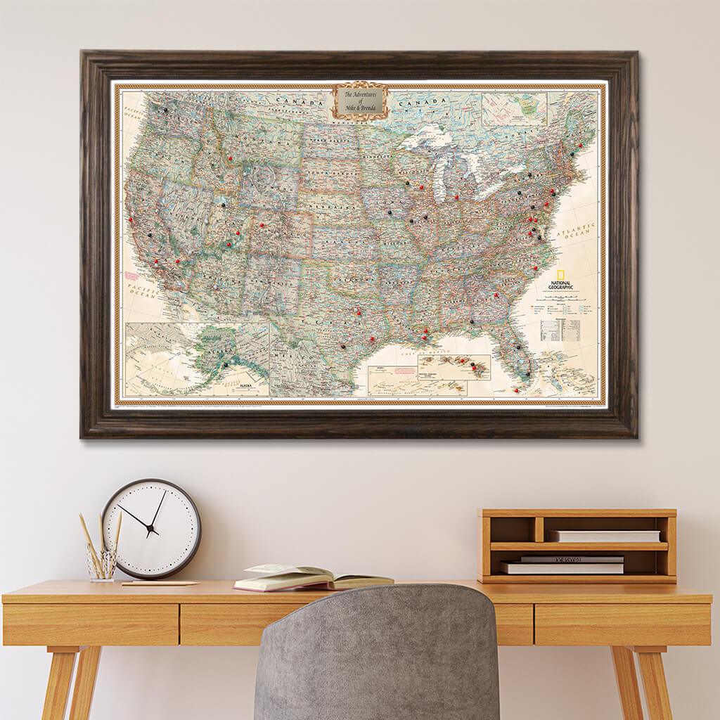 Executive USA Pin Map in Solid Wood Brown Frame