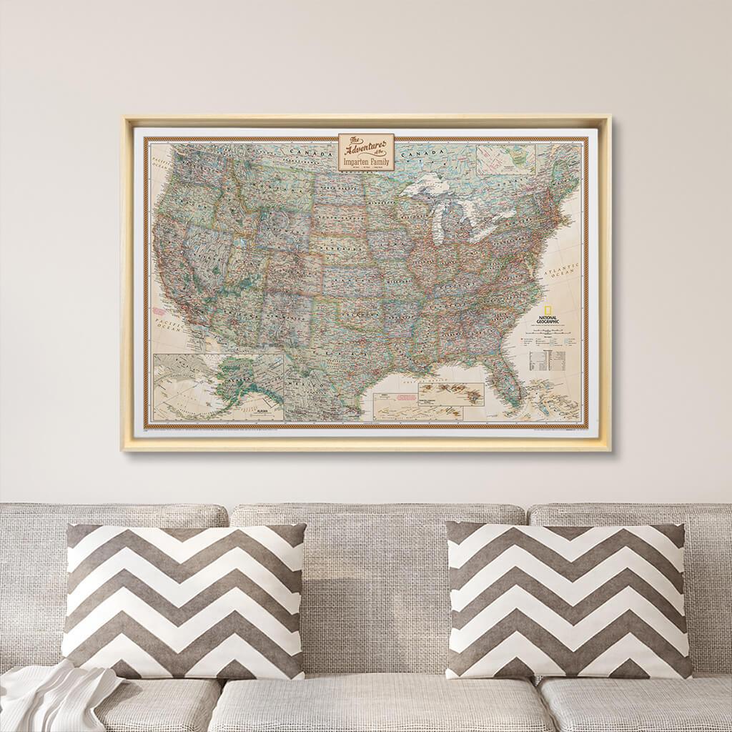 Natural Tan Float Frame - 24x36 Gallery Wrapped Executive USA Push Pin Travel Map