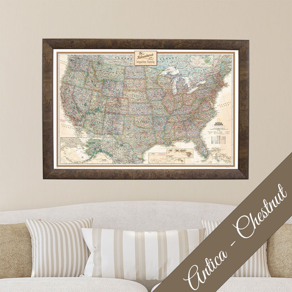 Canvas Executive USA Push Pin Travel Map in Premium Antica Chestnut Frame