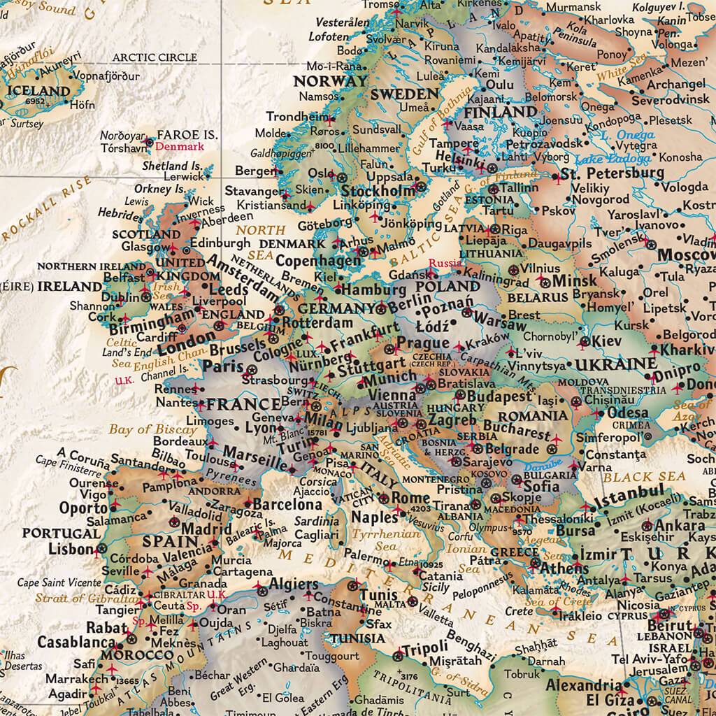 Executive World Map Close up of Europe