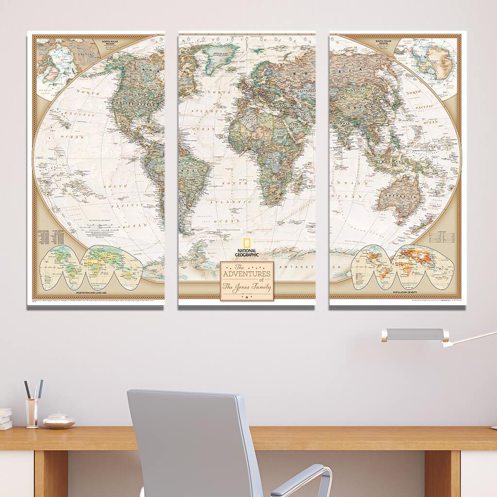 Large 3 Panel Gallery Wrapped Executive World Travel Map with Pins