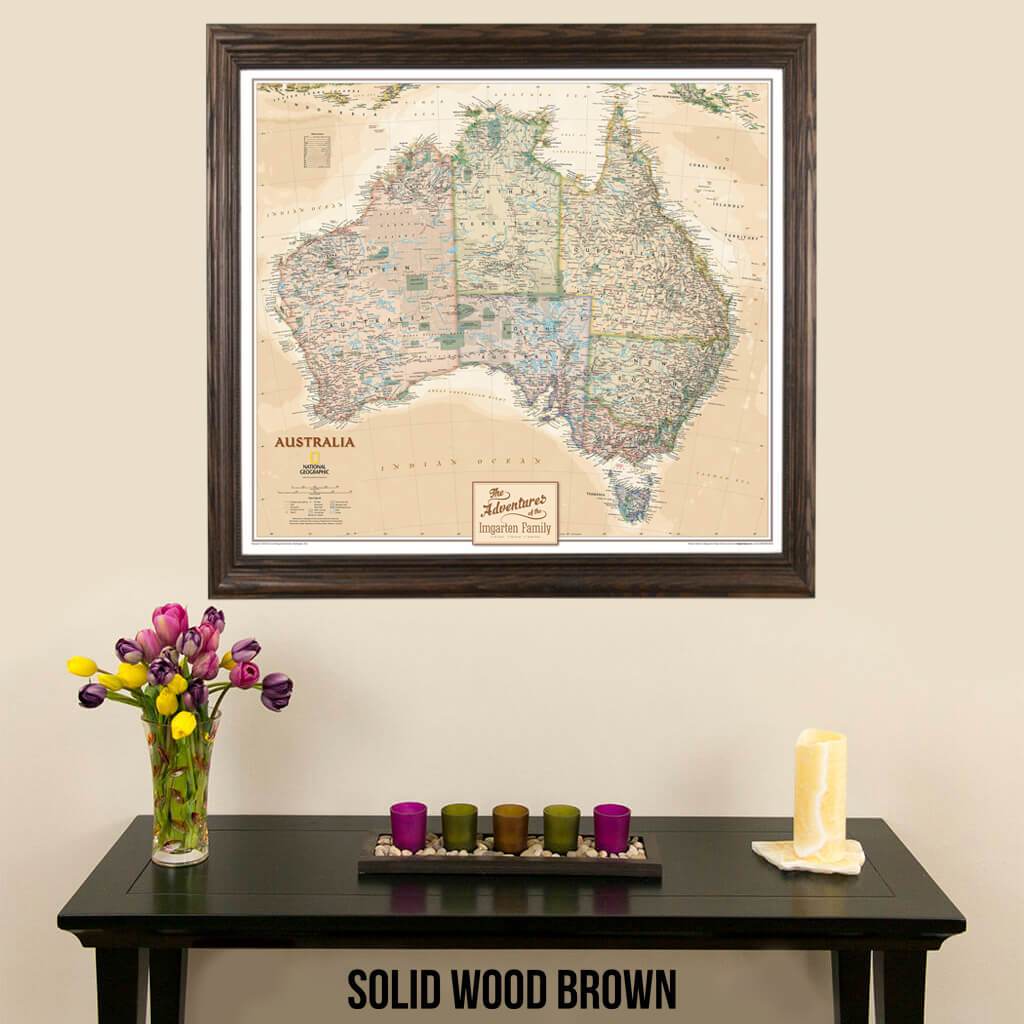 Canvas Executive Australia Push Pin Travel Map in solid wood brown frame