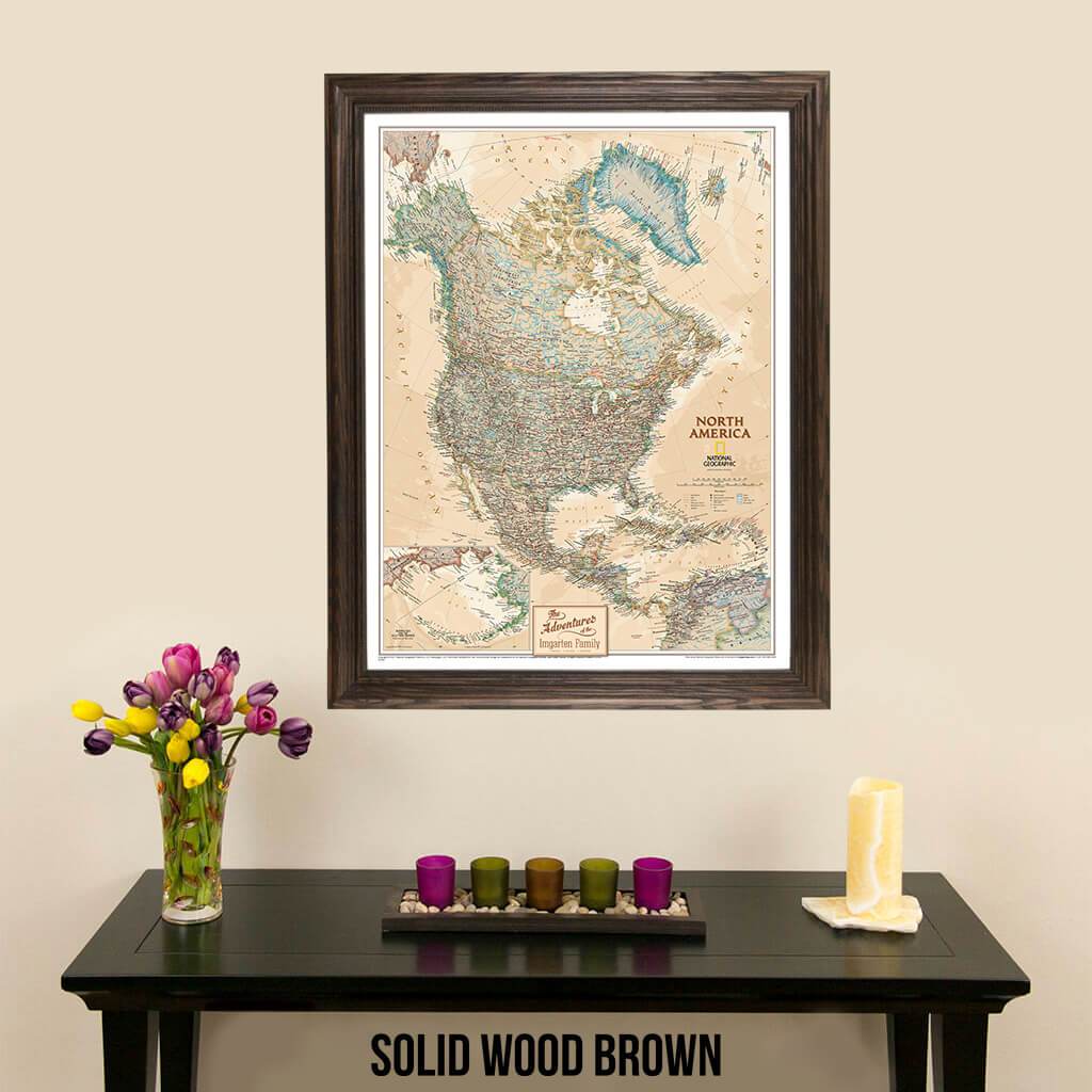 Canvas Executive North America Push Pin Travel Map Solid Wood Brown Frame