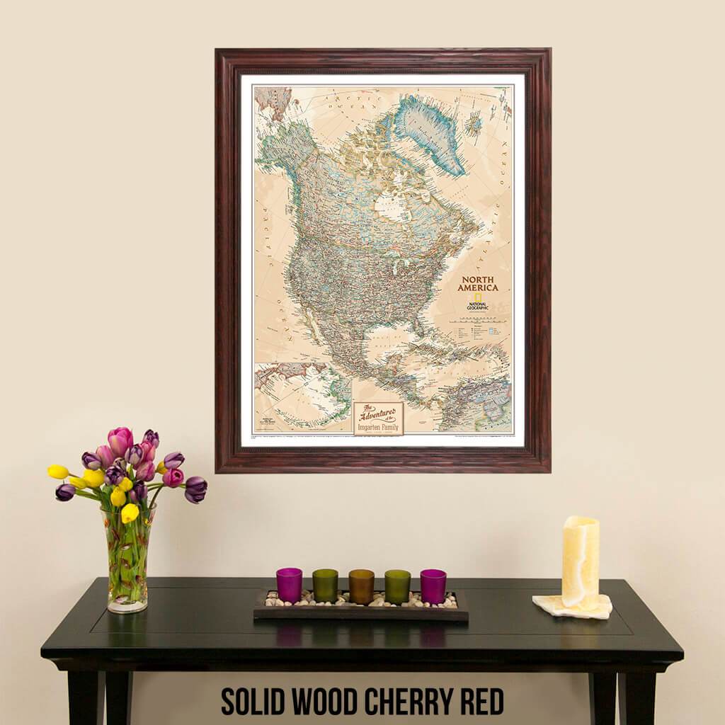 Canvas Executive North America Push Pin Travel Map Solid Wood Cherry Frame