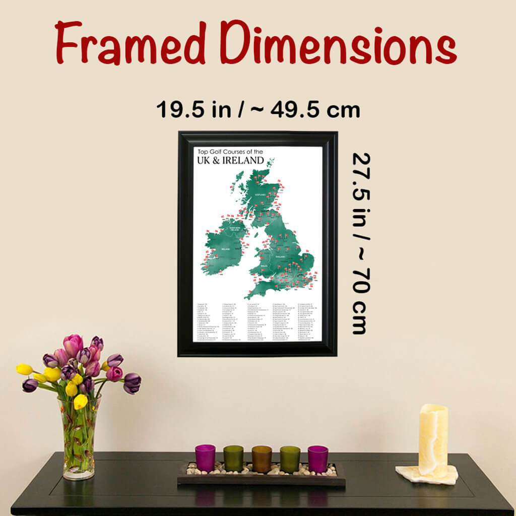 Framed Outer Dimensions of The UK &amp; Ireland Top Golf Courses Map