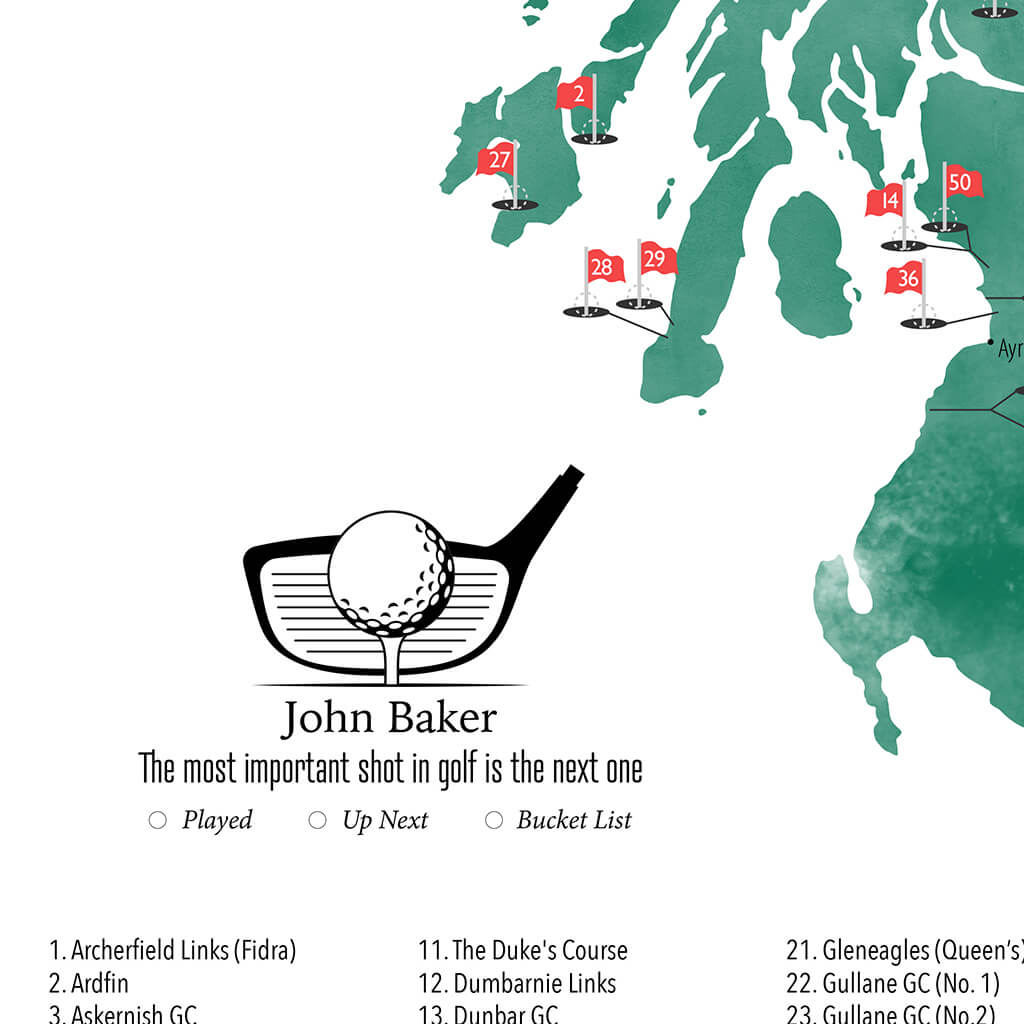 Personalization Closeup and Location on Scotland&#39;s Top Golf Courses Map