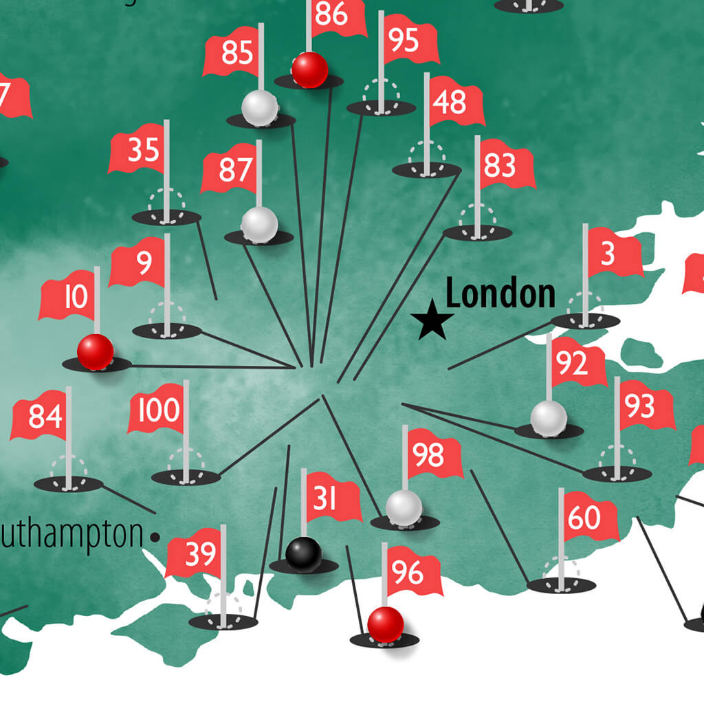 Closeup of England on the Top Golf Courses of The UK and Ireland Framed Travel Map