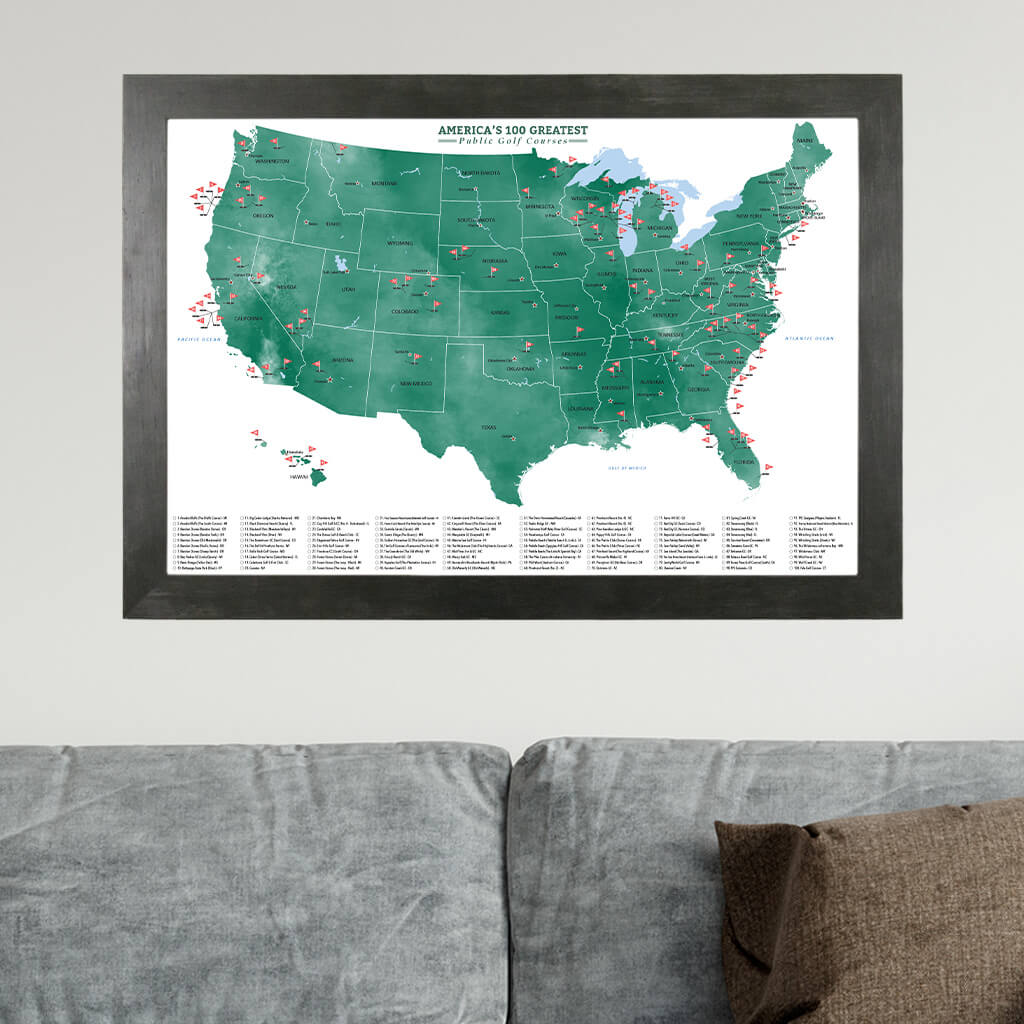 America's 100 Greatest Public Golf Courses Push Pin Map in Rustic Black Frame