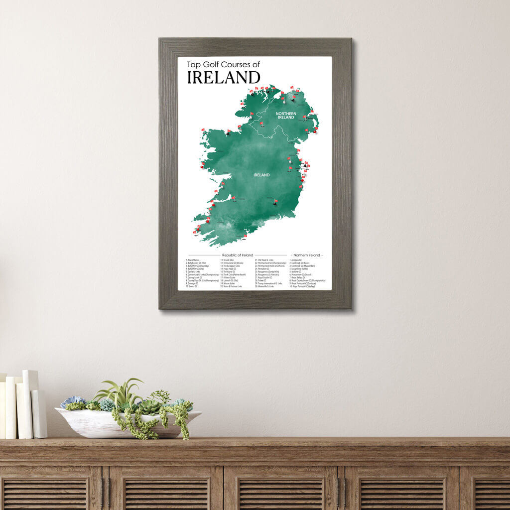 Irish Golf Courses Map in Barnwood Gray Frame