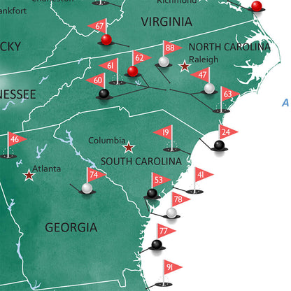 Closeup of Detail on USA TOP 100 Public Golf Courses Map