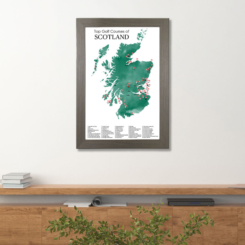 Canvas Map of Top Golf Courses of Scotland Travel Map in Barnwood Gray Frame