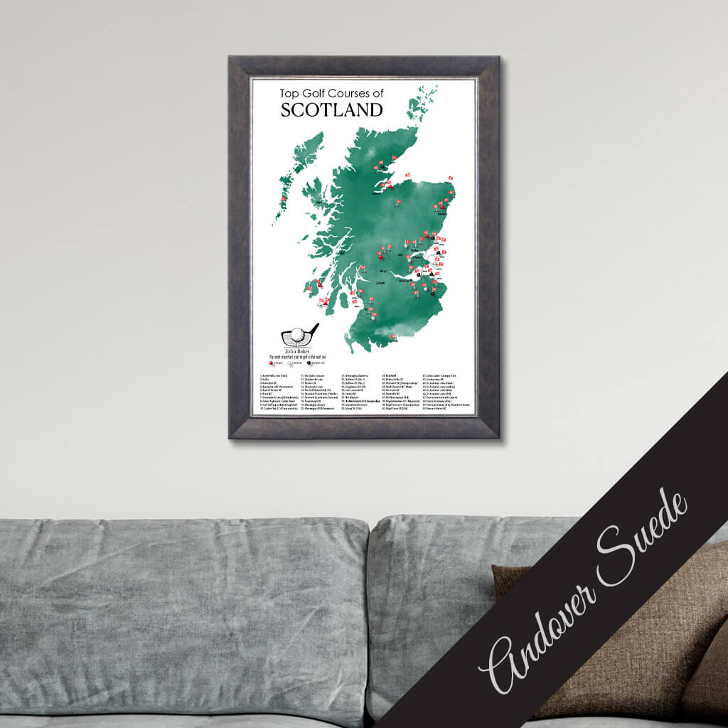 Canvas Map of Top Golf Courses of Scotland Travel Map in Premium Andover Suede Frame
