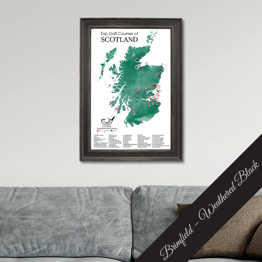 Canvas Map of Top Golf Courses of Scotland Travel Map in Premium Brimfield Black Frame