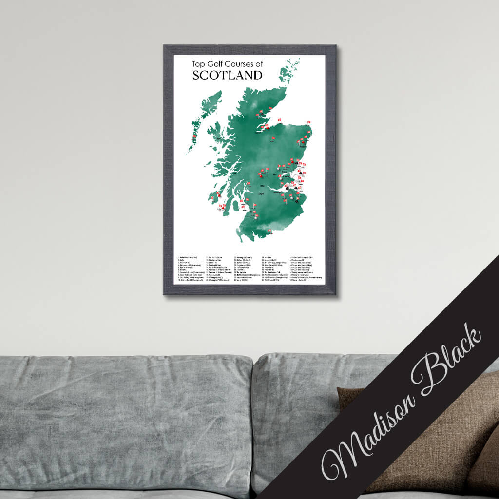Canvas Map of Top Golf Courses of Scotland Travel Map in Premium Madison Black Frame