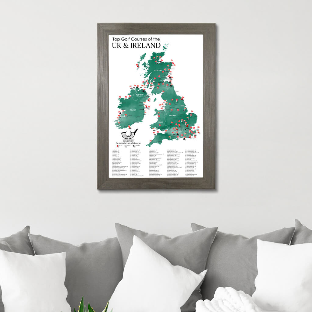 Canvas Map of Top Golf Courses of the UK &amp; Ireland in Barnwood Gray Frame