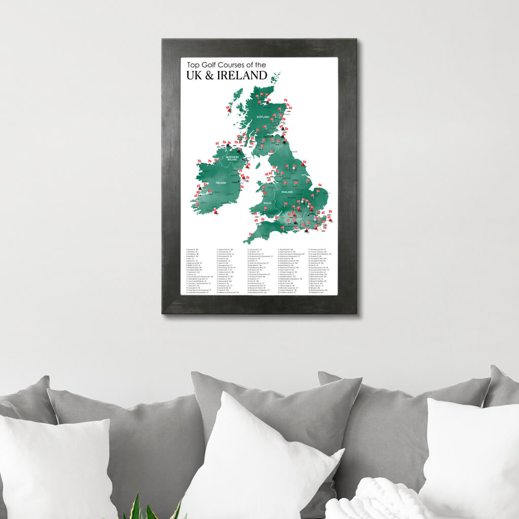 Canvas Map of Top Golf Courses of the UK &amp; Ireland in Rustic Black Frame