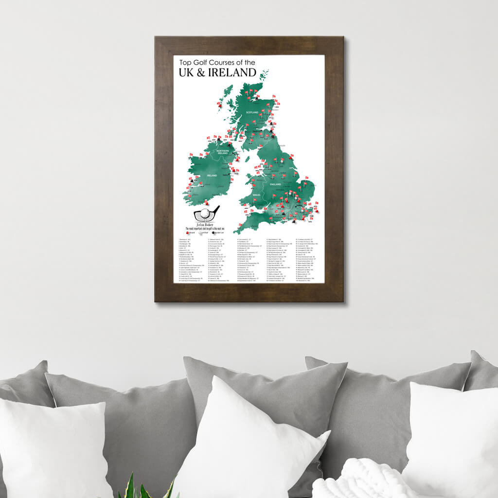 Canvas Map of Top Golf Courses of the UK &amp; Ireland in Rustic Brown Frame