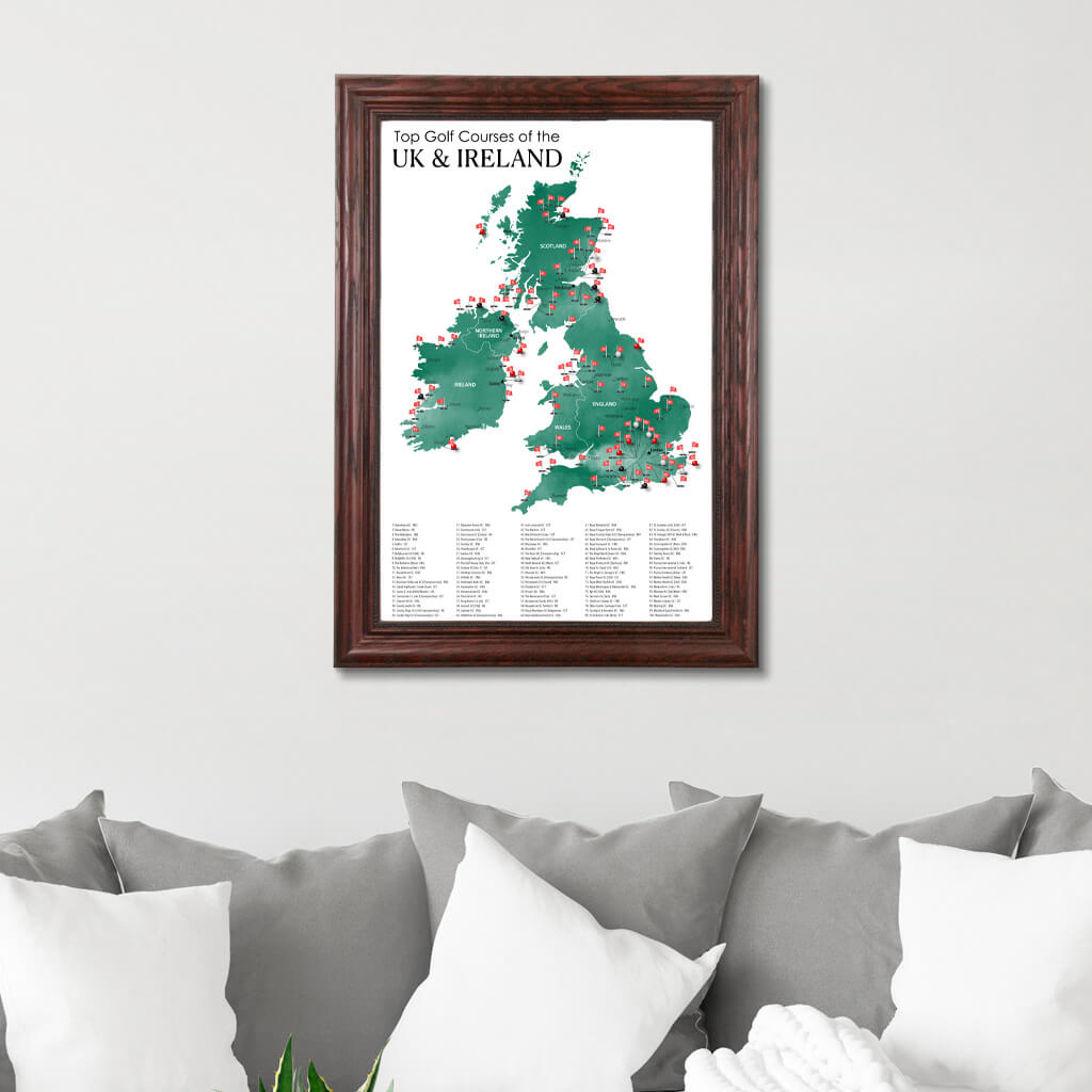 Canvas Map of Top Golf Courses of the UK &amp; Ireland in Solid Wood Cherry Frame