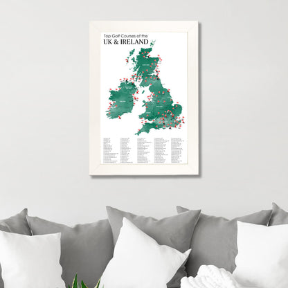 Canvas Map of Top Golf Courses of the UK & Ireland in Textured White Frame