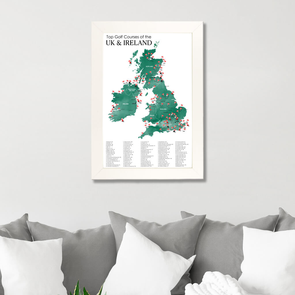 Canvas Map of Top Golf Courses of the UK &amp; Ireland in Textured White Frame