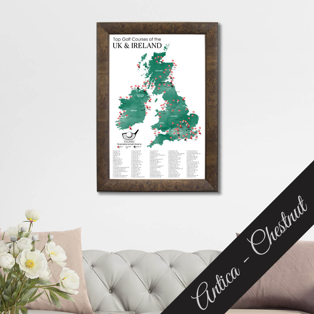 Canvas Map of Top Golf Courses of the UK &amp; Ireland in Premium Antica Chestnut Frame