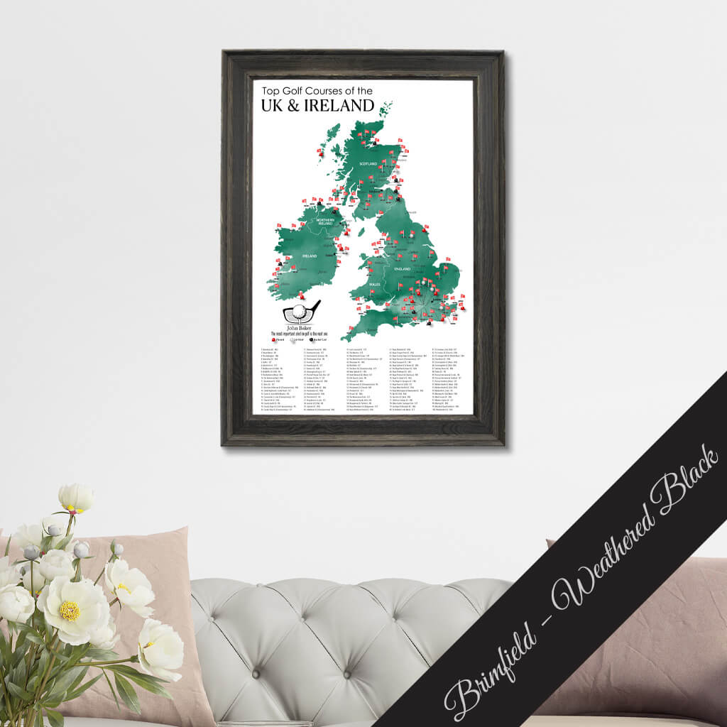 Canvas Map of Top Golf Courses of the UK &amp; Ireland in Premium Brimfield Black Frame