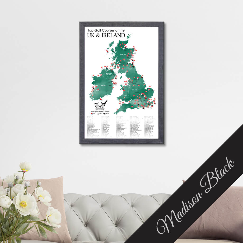Canvas Map of Top Golf Courses of the UK &amp; Ireland in Premium Madison Black Frame