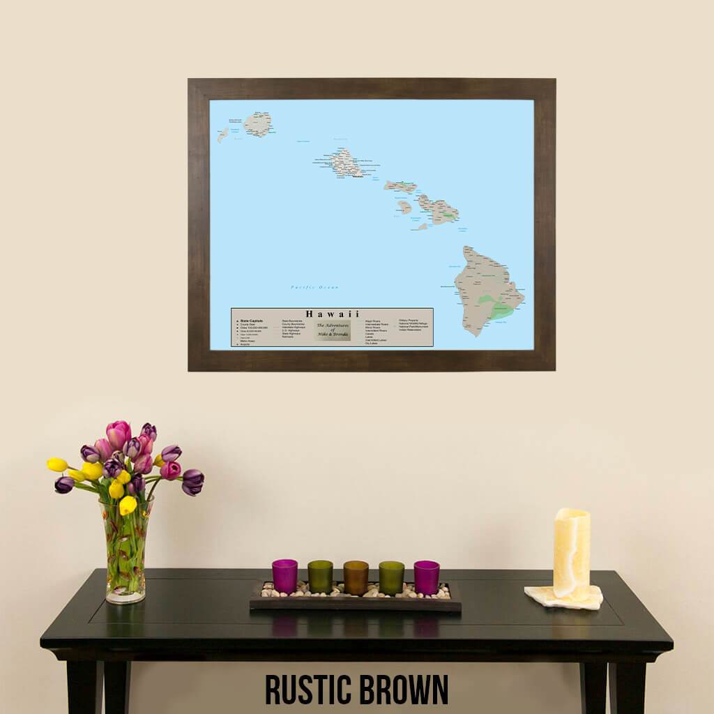Earth Toned Hawaii State Travel Map Rustic Brown Frame