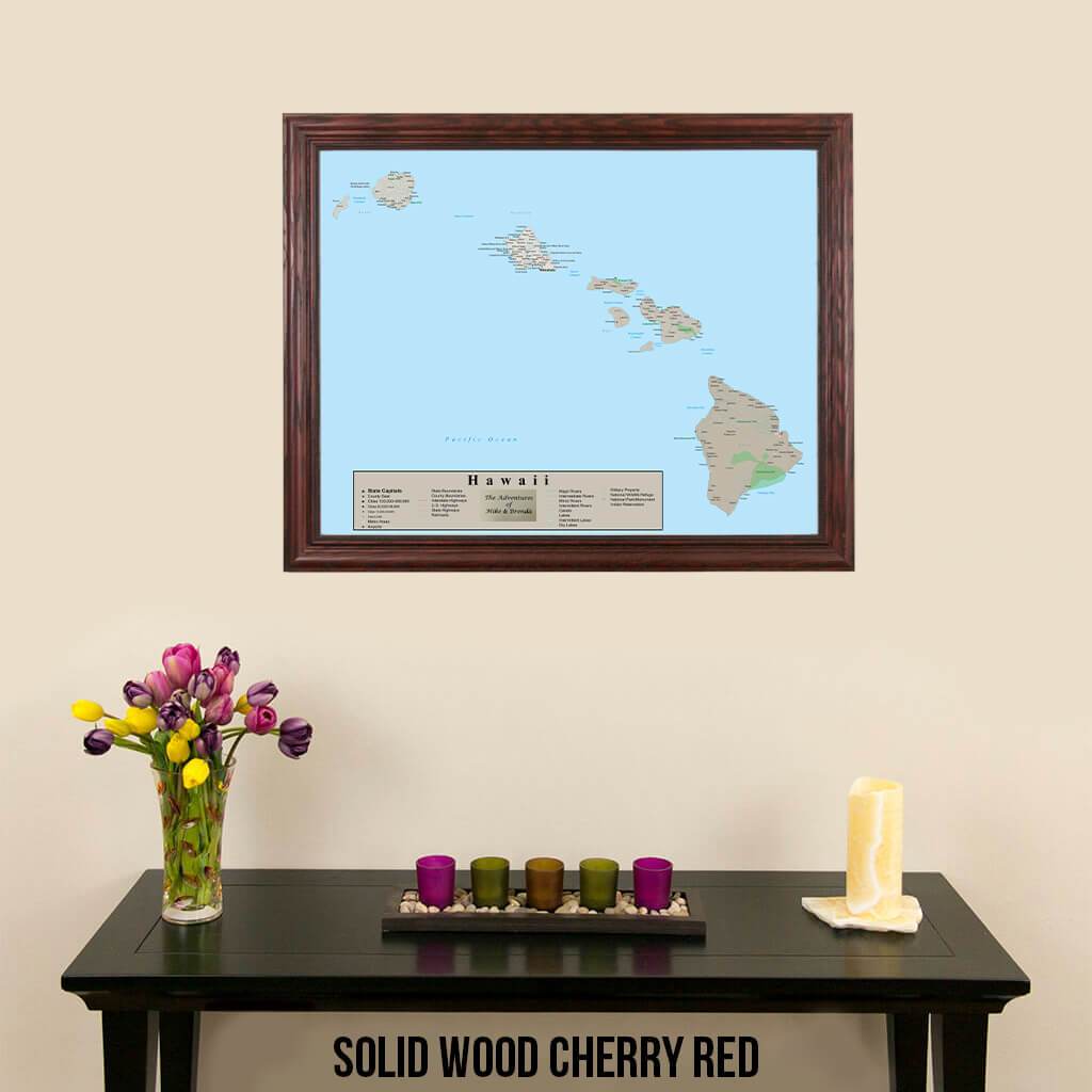 Earth Toned Hawaii State Travel Map Solid Wood Cherry Frame