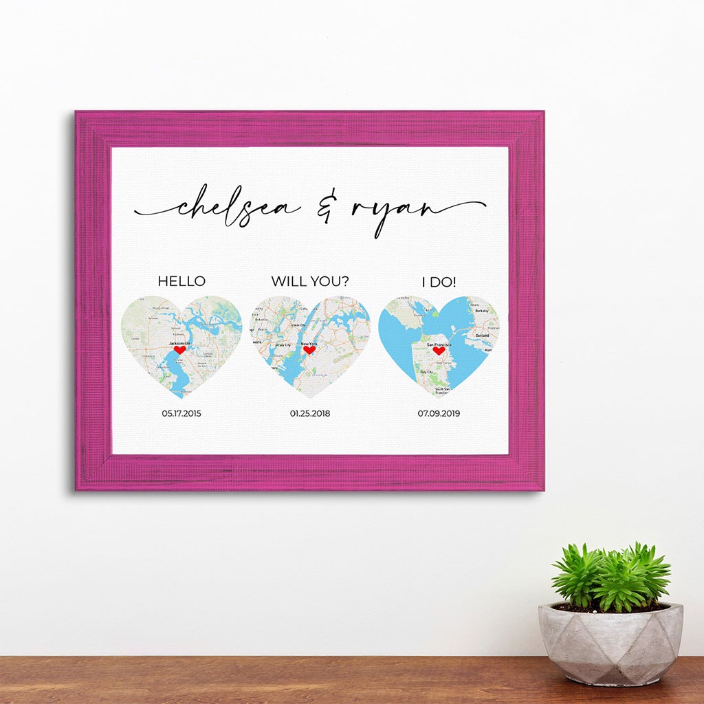 Hello, Will you? , I do! Couples Wall Art in Carnival Pink Real Wood Frame