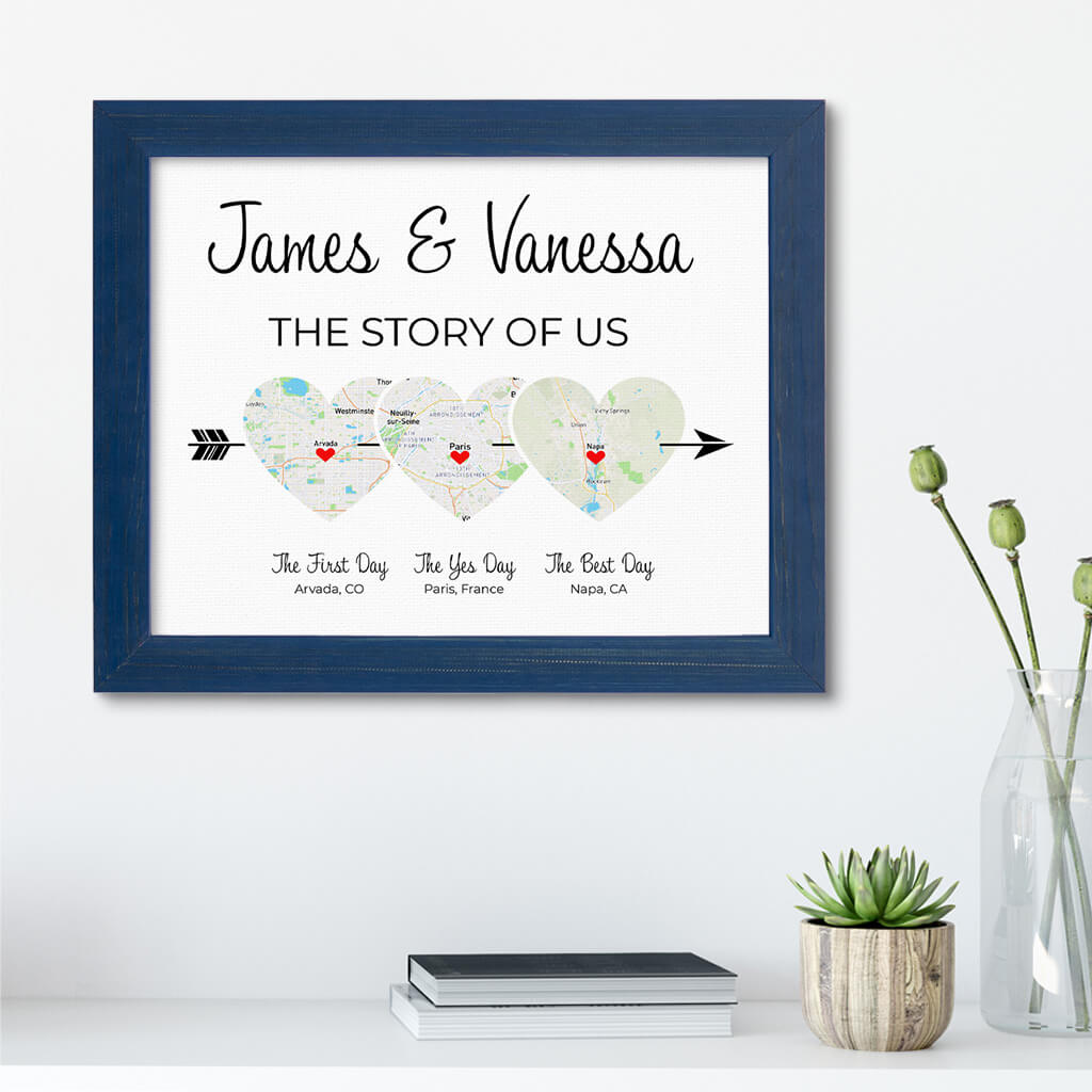 The Story of Us Couples Wall Art in Carnival Blue Real Wood Frame